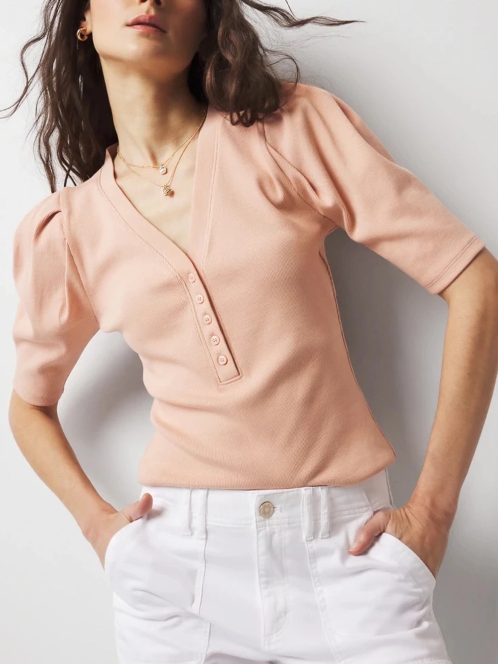 White House Black Market FORME™ Ribbed Stretch Henley Top Peach
